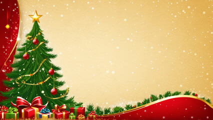 Merry Christmas banner or poster. Happy New Year, Christmas tree, golden gift boxex, red ribbon wave, gold background with empty space