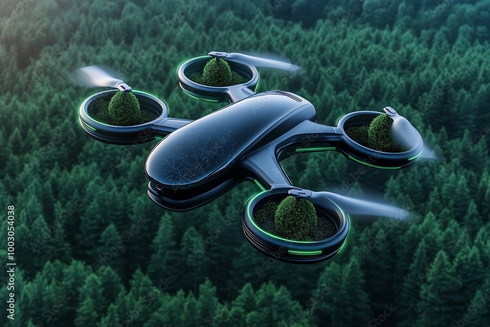 Poster futuristic nature conservation drones, flying over a forest, planting trees and monitoring wildlife 
