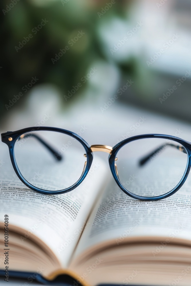 Poster glasses resting on an open book in a library setting during daytime