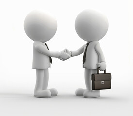 3D rendering of two people shaking hands, one person is wearing a business suit and holding a briefcase, with a simple white background