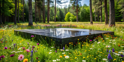 Serene Reflection: A black granite platform reflecting the azure sky, nestled amidst a vibrant wildflower meadow in a lush forest. The tranquil scene evokes a sense of peace and serenity. 