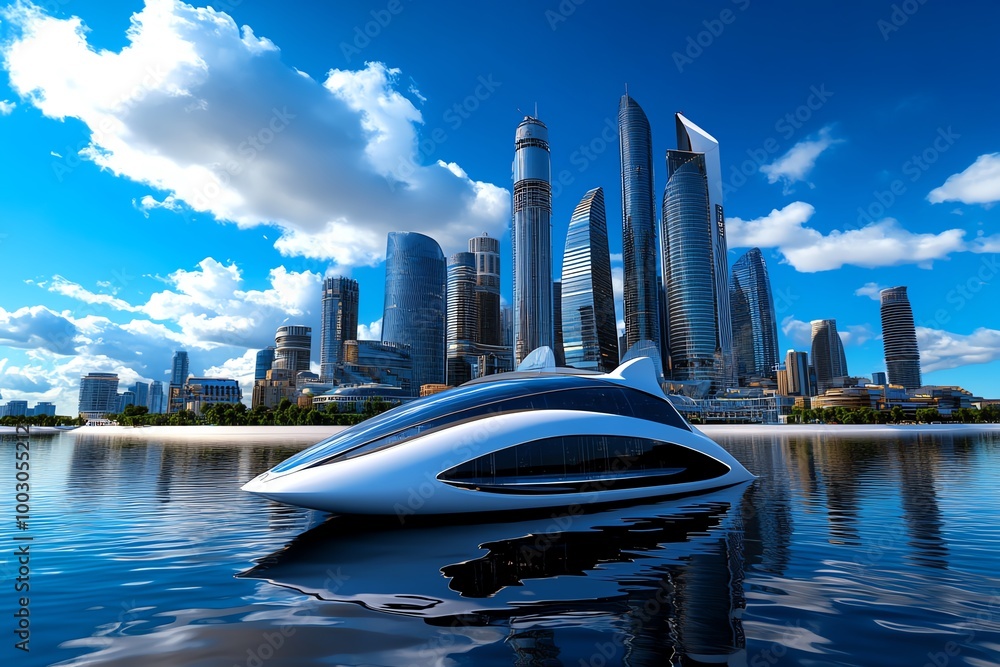 Poster futuristic urban skyline with floating buildings, where advanced technology allows for vertical citi