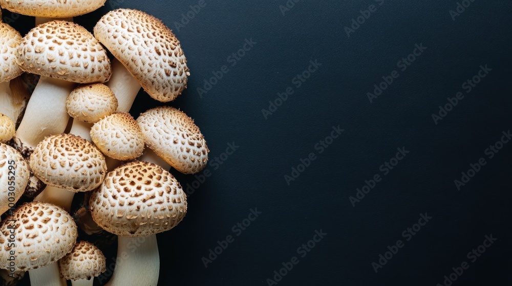 Poster a cluster of textured mushrooms on a dark background, emphasizing their unique shapes.
