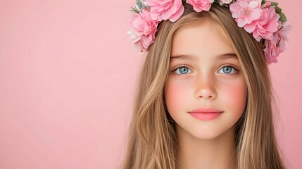 Fototapeta premium Beautiful Young Girl with Flower Crown Portrait on Pink Background