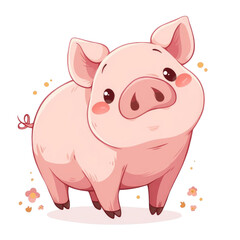 Fototapeta premium Cute cartoon pig illustration with pink ears and rosy cheeks, surrounded by small flowers. Perfect for children's books and playful designs.