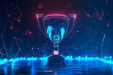 Champion trophy with futuristic technology. Blue neon background.