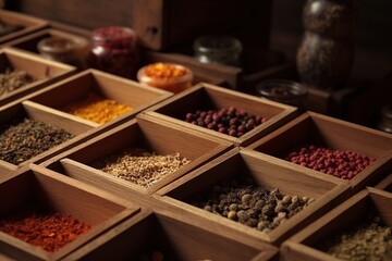 Indian spices on the wooden boxes, Arabic spices