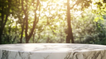 A marble table in a sunlit forest setting, creating a serene atmosphere.