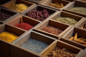 Indian spices on the wooden boxes, Arabic spices