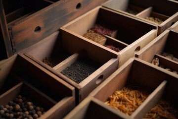 Indian spices on the wooden boxes, Arabic spices