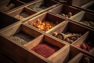 Indian spices on the wooden boxes, Arabic spices