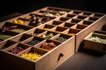 Indian spices on the wooden boxes, Arabic spices
