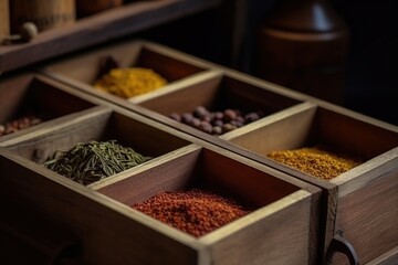Indian spices on the wooden boxes, Arabic spices