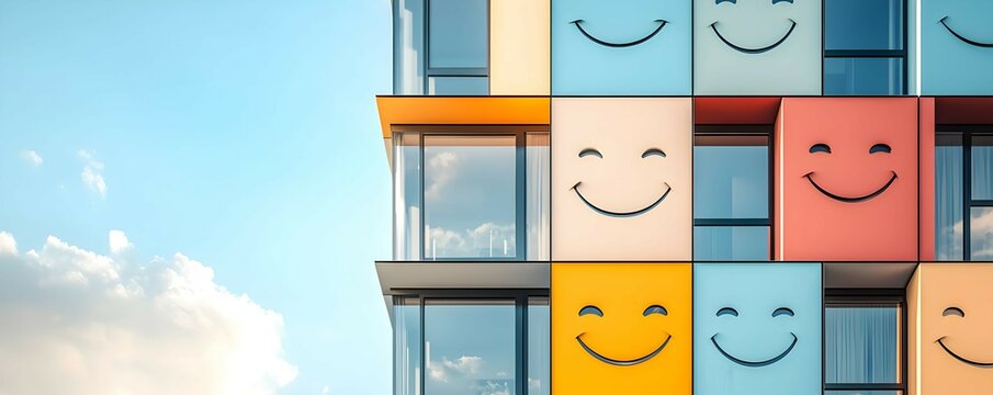 Happy Building Architecture Design with Smiley Faces and Blue Sky