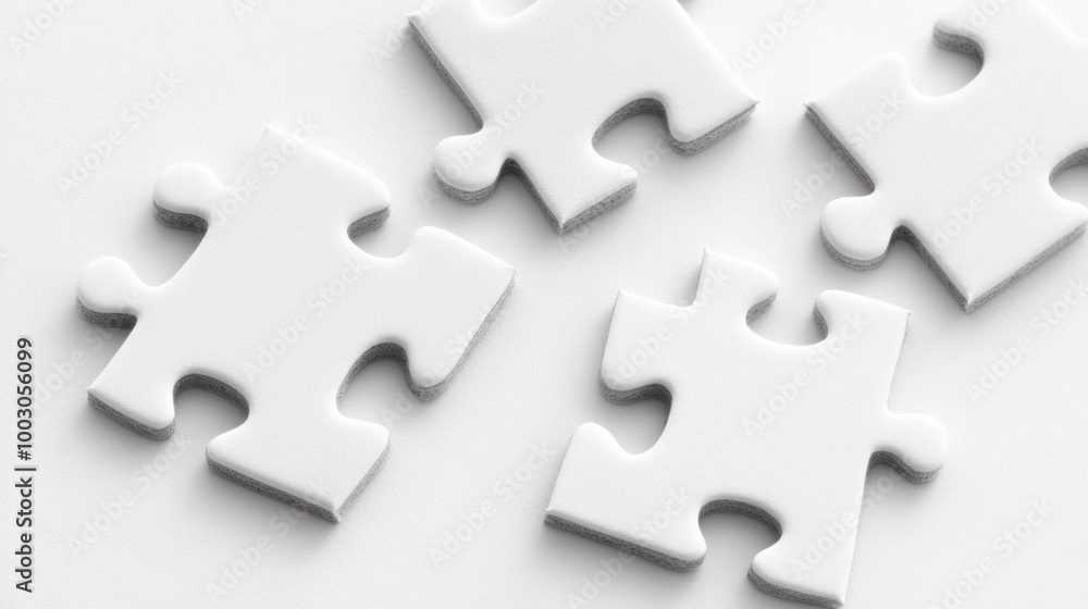 Poster four white puzzle pieces on a light background, symbolizing problem-solving and connection.