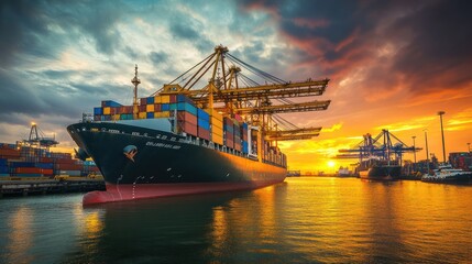 Naklejka premium A large ship is docked at the port, loading cargo containers onto it with cranes