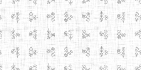 Seamless french taupe floral farmhouse linen printed fabric background. Light mottled grey cottage pattern. Shabby chic woven 2 tone cloth effect. Textile rustic organic ecru neutral all over print.