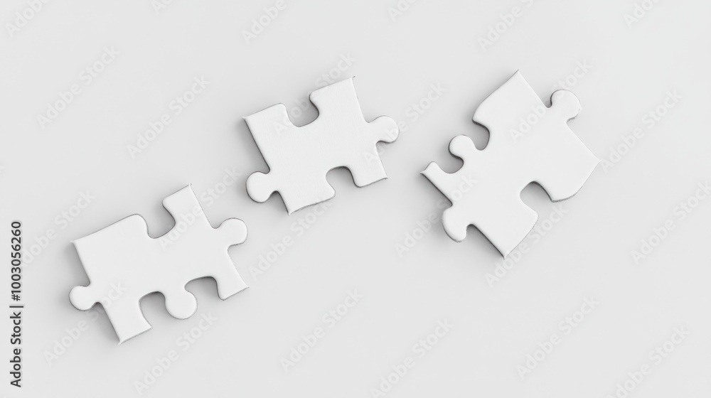 Poster three white puzzle pieces on a light background, symbolizing connection and problem-solving.