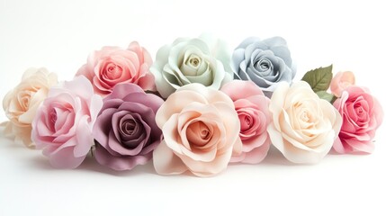A collection of pastel-colored artificial roses arranged elegantly on a white background.
