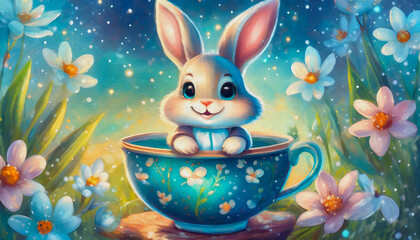oil painting style cartoon character illustration Cute small bunny in teacup with flowers 