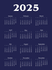One Page Calendar 2025. Calendar templates 2025 for wall and desk use. Set of ready to print annual layouts. Business minimal modern 2025 calendar.