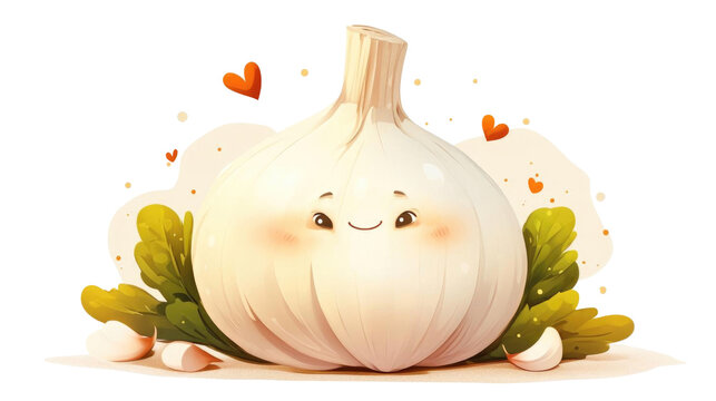 Cute garlic character illustration with a happy face, surrounded by leaves and hearts, isolated on white background.