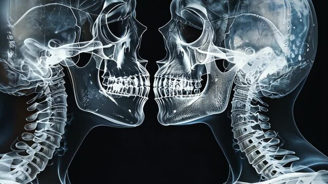 Two skeletons are facing each other, their heads tilted towards one another in a gesture of affection, reminiscent of a kiss