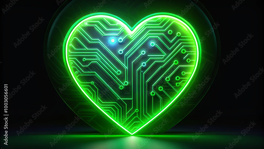 Poster the design features a bright green heart outlined with intricate circuit patterns, symbolizing the b