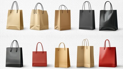 A collection of paper shopping bags, each isolated on a transparent background in PNG format. Designed as mockup templates for creative use, emphasizing shopping, sale, and delivery concepts