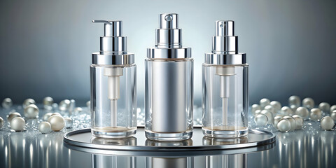 Luxe Skincare Collection: Three sleek, silver-capped bottles of luxurious skincare products gleam on a polished silver tray, surrounded by scattered pearls.