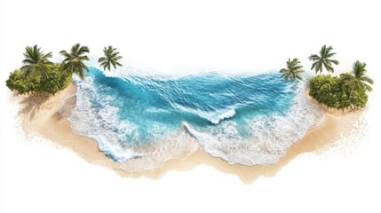 Fototapeta premium Aerial view of a serene tropical beach with palm trees, clear blue ocean waves, and golden sandy shores, ideal for vacation and relaxation.