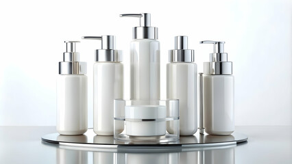 Luxury Skincare Collection: A sleek and minimalist arrangement of five elegant white pump bottles and a cream jar, all adorned with gleaming silver accents, exudes sophistication and quality.  