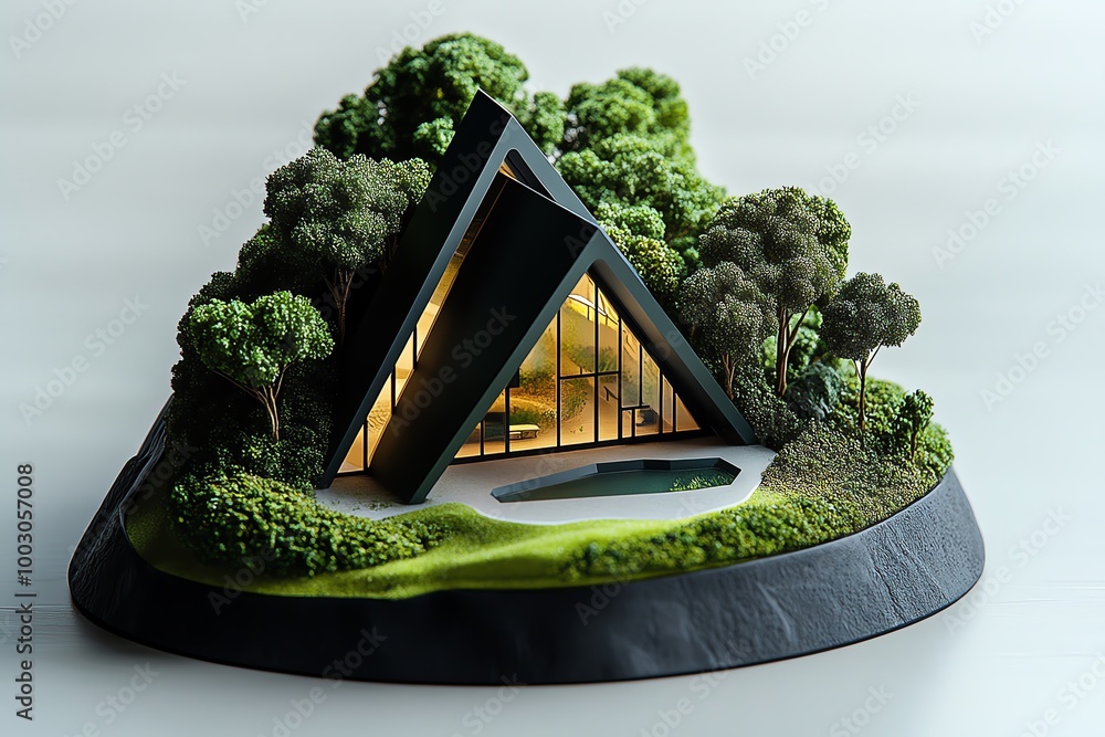 Poster Geometric design of a green building, using minimal shapes to represent energy-efficient architecture for climate change mitigation