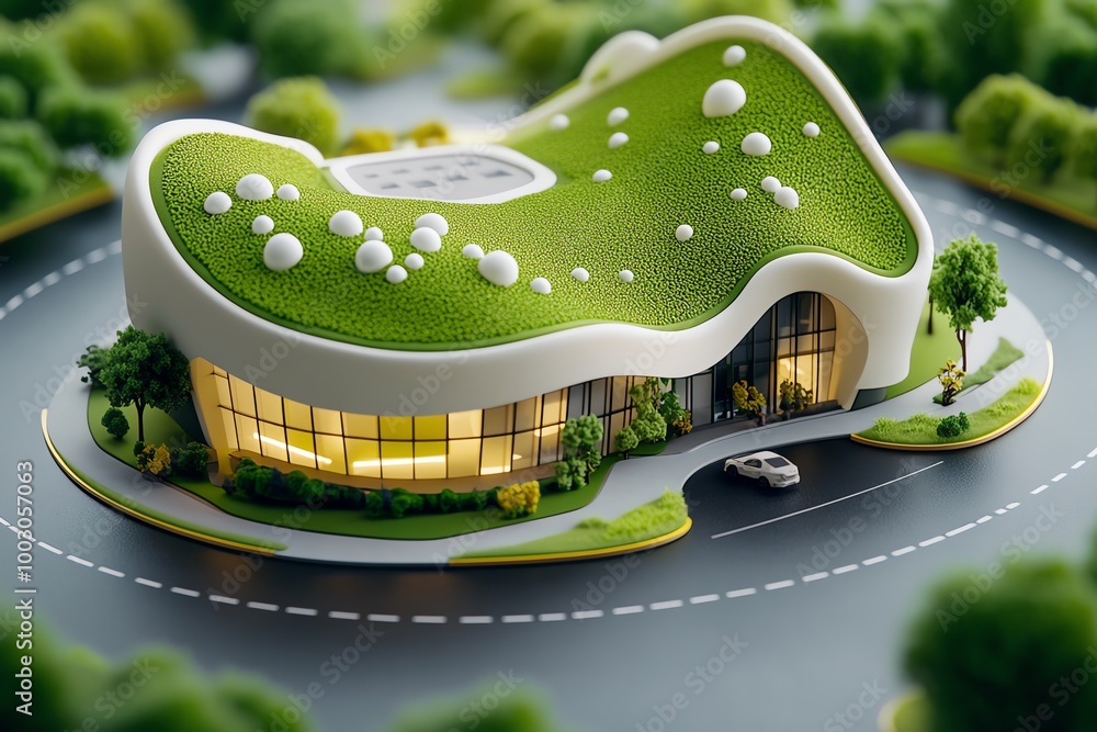 Poster Geometric design of a green building, using minimal shapes to represent energy-efficient architecture for climate change mitigation
