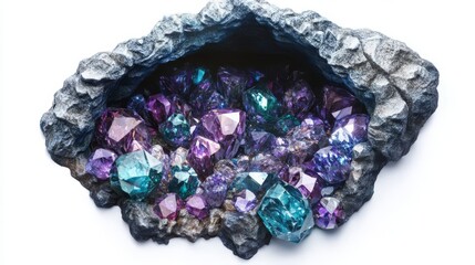 Beautiful raw gemstones in vibrant colors displayed within a rock geode, showcasing natural crystal formations.