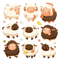 Obraz premium Cute illustration of nine cartoon sheep with different expressions and accessories, set against a transparent background.