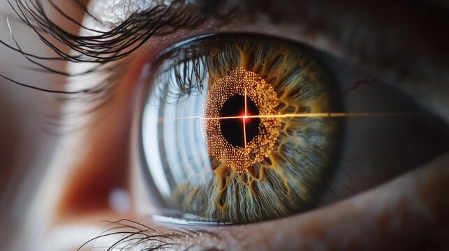 Closeup of eye with reticle overlay illustrating laser eye glaucoma treatment. Concept Ophthalmology, Glaucoma, Laser Treatment, Eye Health, Reticle Overlay