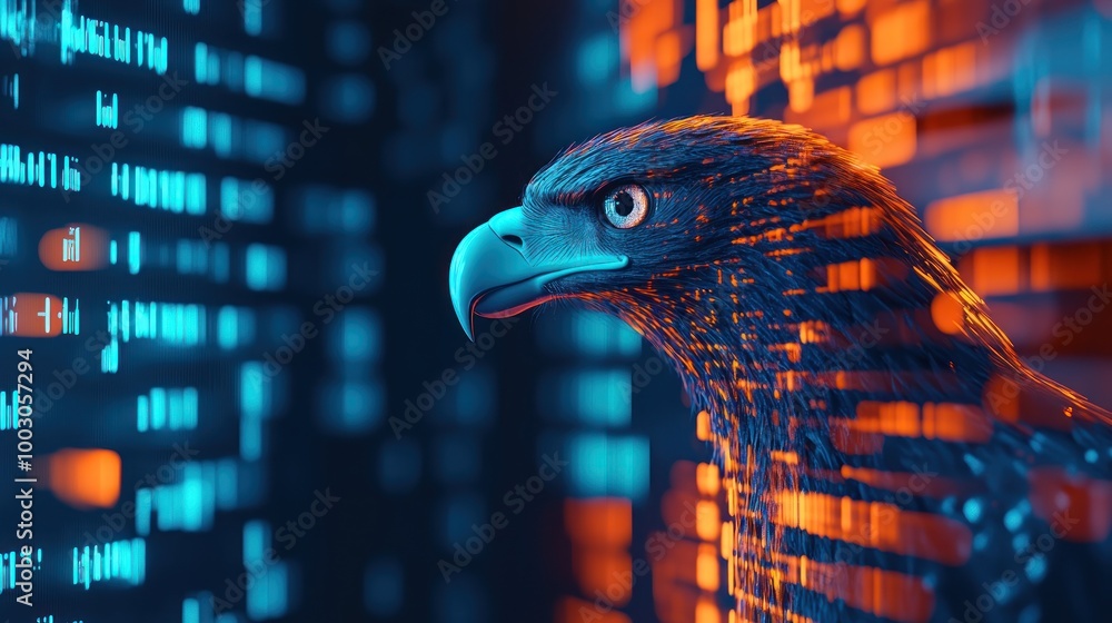 Poster a digitally enhanced eagle against a backdrop of glowing binary code.