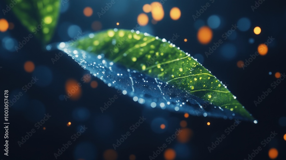 Poster close-up of dew-covered leaves with a soft bokeh background.