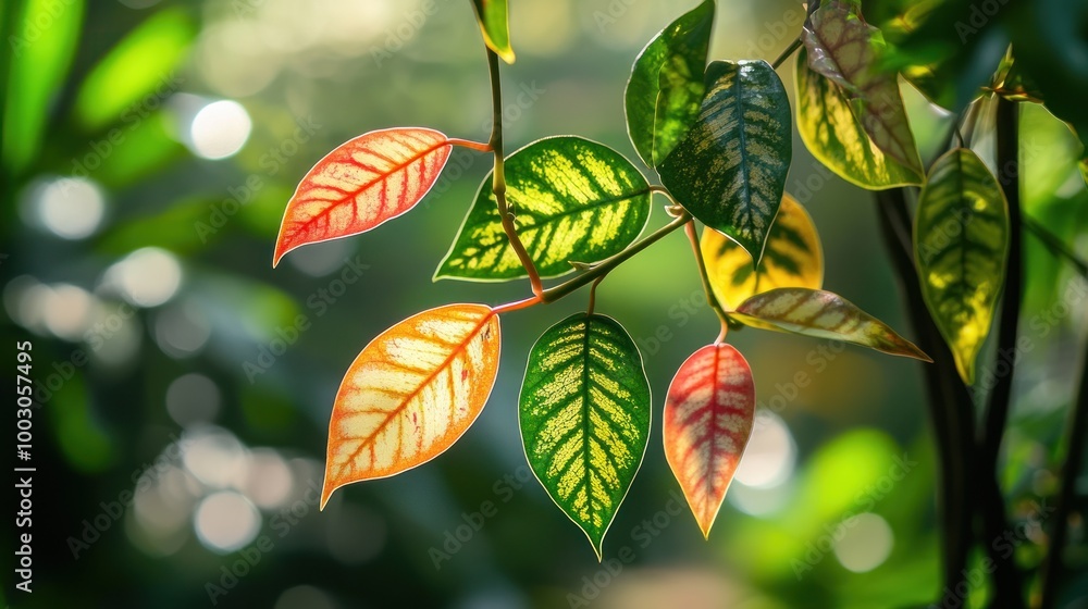 Poster close-up of colorful leaves with intricate patterns illuminated by soft sunlight.