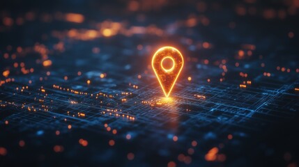 A glowing location pin symbolizing digital mapping and navigation on a network grid.
