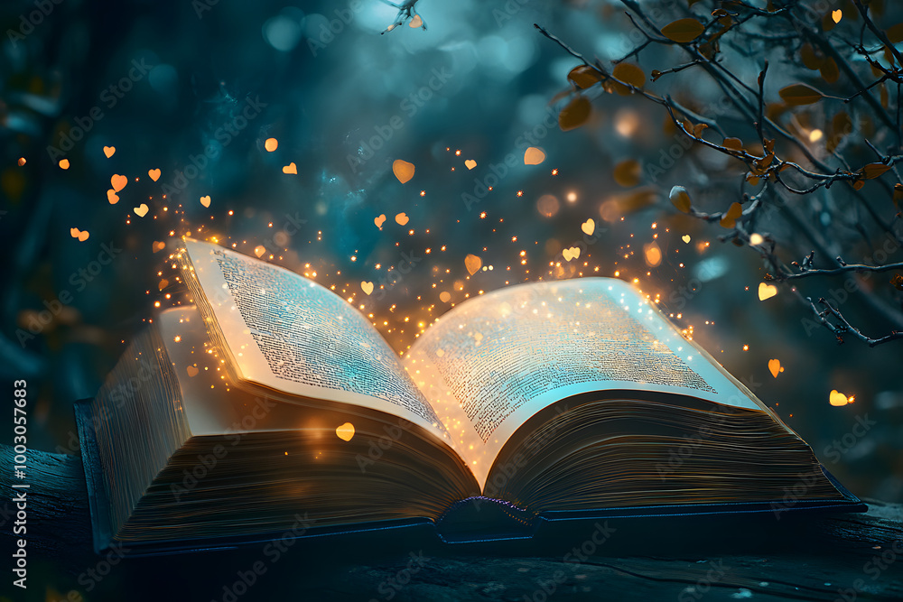 Poster magic book with open pages and abstract bokeh background.