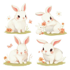 Obraz premium Cute white bunnies with pink flowers and butterflies in a cartoon style, perfect for children's illustrations and spring themes.