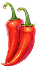 Digital illustration of two red chili peppers with green stems, showcasing rich colors and detailed textures. Perfect for culinary projects.