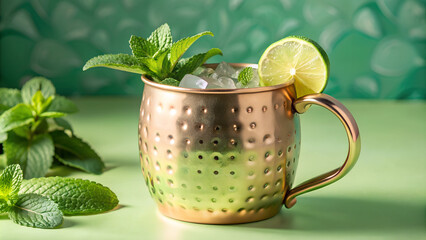 Mint and lime cocktail in copper mug on green background