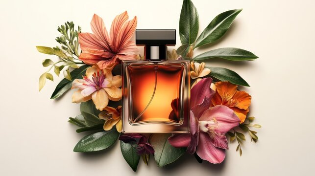 Elegant perfume bottle surrounded by vibrant flowers and green leaves, creating a luxurious and fragrant ambiance.