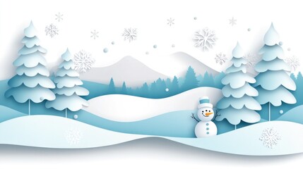 A winter scene featuring snow-covered trees, a snowman, and gentle hills in a serene landscape.