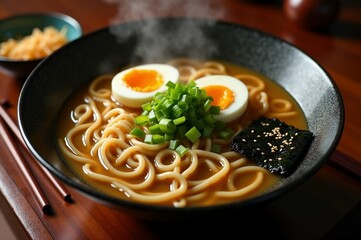 Delicious udon bowl with steaming smoke. Thick noodles ramen with egg, green onion and nori in black plate on wooden table. Asian food, Japanese noodle soup. Poster for the menu, cafe, restaurant.