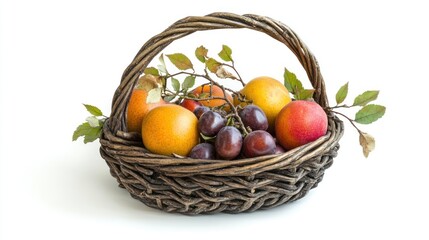 A woven basket filled with assorted fruits, showcasing a vibrant and natural arrangement.