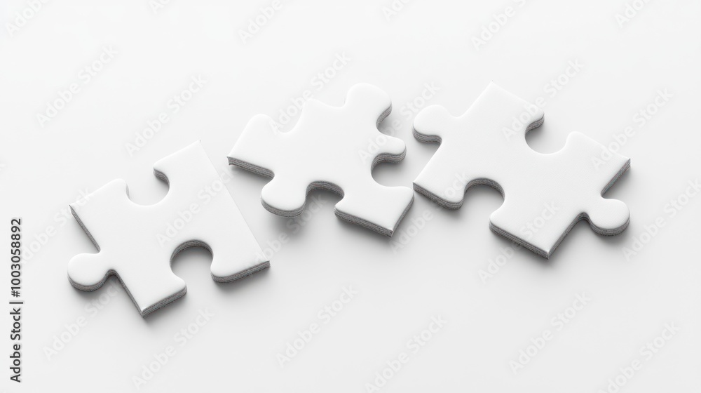 Poster three white puzzle pieces on a light background, symbolizing connection and problem-solving.